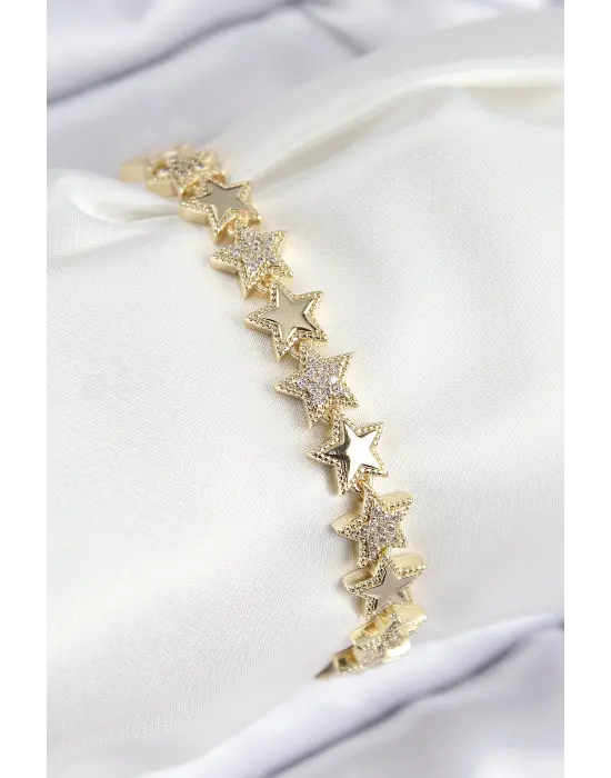 VIP Pirinç Zirkon Taşlı Yıldız Model Gold Renk Kadın Bileklik