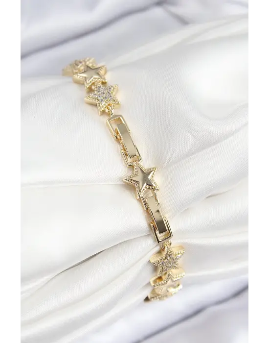 VIP Pirinç Zirkon Taşlı Yıldız Model Gold Renk Kadın Bileklik