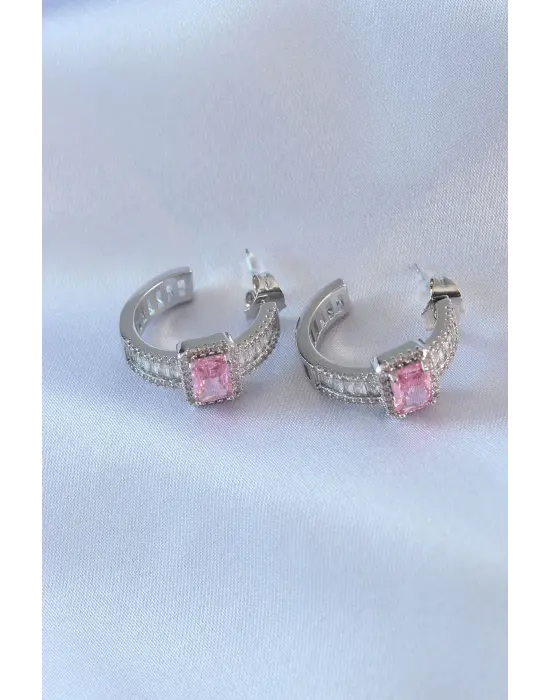 VIP Seri Gümüş Yarım Halka Model Zirkon Taşlı  Çelik Küpe