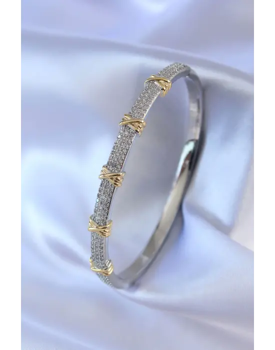VIP Seri Gümüş Renk Zirkon Taşlı Gold Renk Detay Xoxo Kadın Bileklik