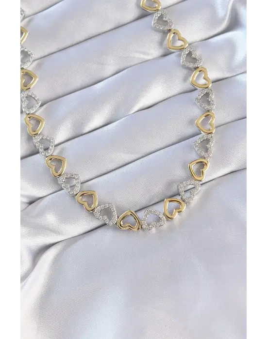 Vip Seri Pirinç Çift  Zirkon Taşlı İçi Boş Kalp Tasarımlı Çelik Kolye