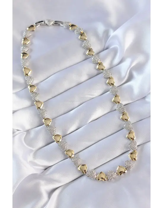 Vip Seri Pirinç Çift  Zirkon Taşlı Kalp Tasarımlı Çelik Kolye