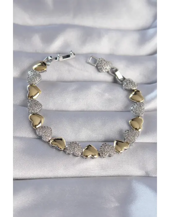 Vip Seri Pirinç Çift Renkli Zirkon Taşlı Kalp Tasarımlı Bileklik