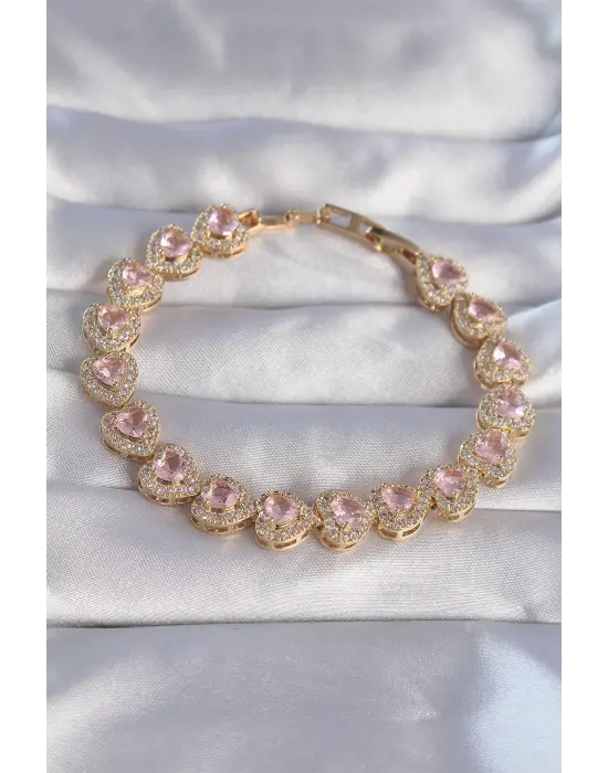 Vip Seri Pirinç Gold Renk Pembe Zirkon Taşlı Kalp Tasarımlı Bileklik