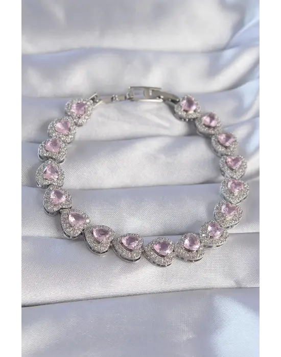 Vip Seri Pirinç Gümüş Renk Pembe Zirkon Taşlı Kalp Tasarımlı Bileklik