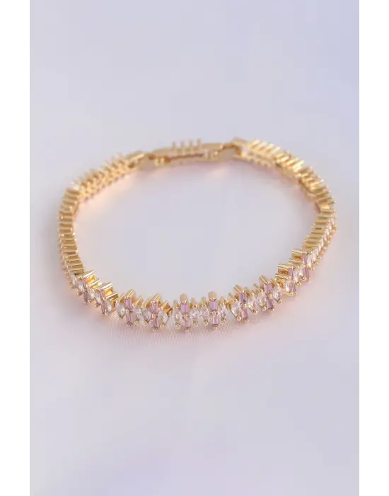 Vip Seri Pirinç Pembe Zirkon Taşlı Gold Renk Baget Model Bileklik