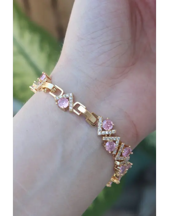 Vip Seri Pirinç Pembe Zirkon Taşlı Gold Renk V Model Bileklik