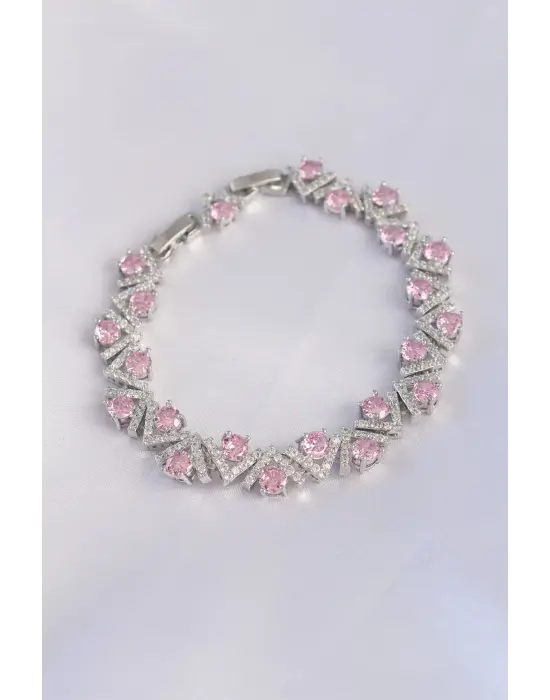 Vip Seri Pirinç Pembe Zirkon Taşlı Gümüş Renk V Model Bileklik