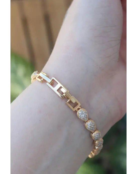 Vip Seri Pirinç Zirkon Taşlı Gold Renk Damla Model Bileklik