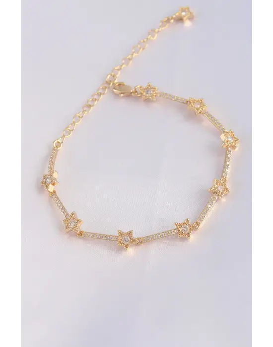 Vip Seri Pirinç Zirkon Taşlı Gold Renk Halley Model Bileklik