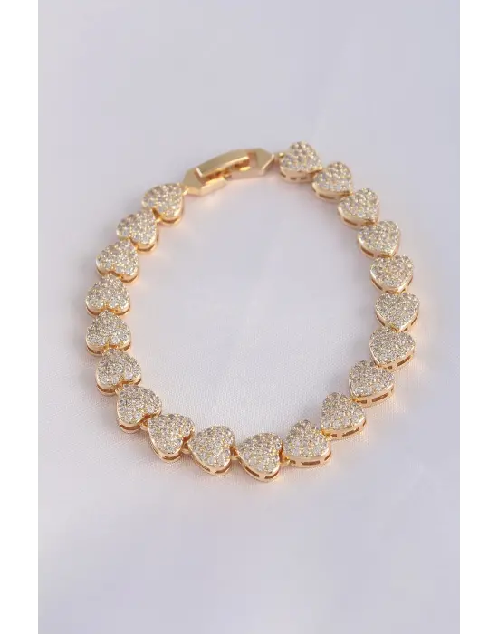 Vip Seri Pirinç Zirkon Taşlı Gold Renk Kalp Model Bileklik