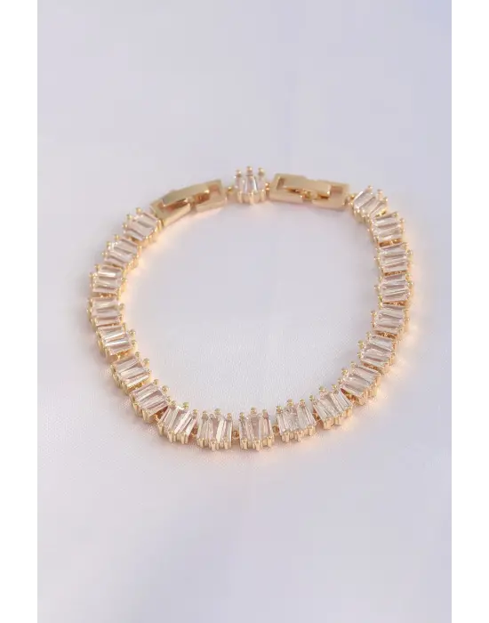 Vip Seri Pirinç Zirkon Taşlı Gold Renk Kare Su Yolu Model Bileklik