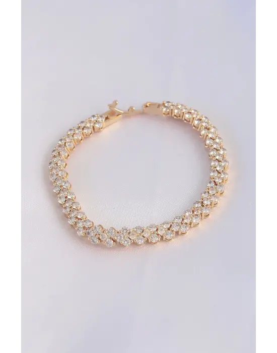Vip Seri Pirinç Zirkon Taşlı Gold Renk Şerit Su Yolu Model Bileklik