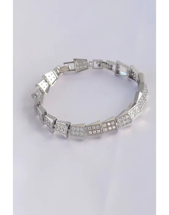 Vip Seri Pirinç Zirkon Taşlı Gümüş Renk Geometrik Bileklik