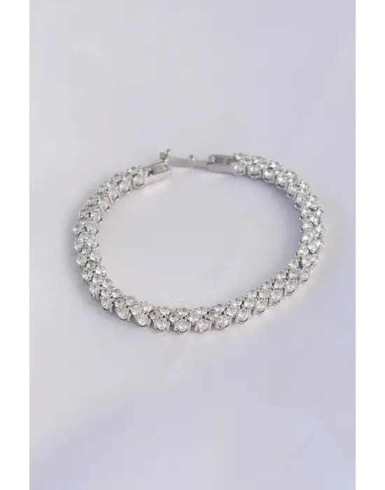 Vip Seri Pirinç Zirkon Taşlı Gümüş Renk Şerit Su Yolu Model Bileklik