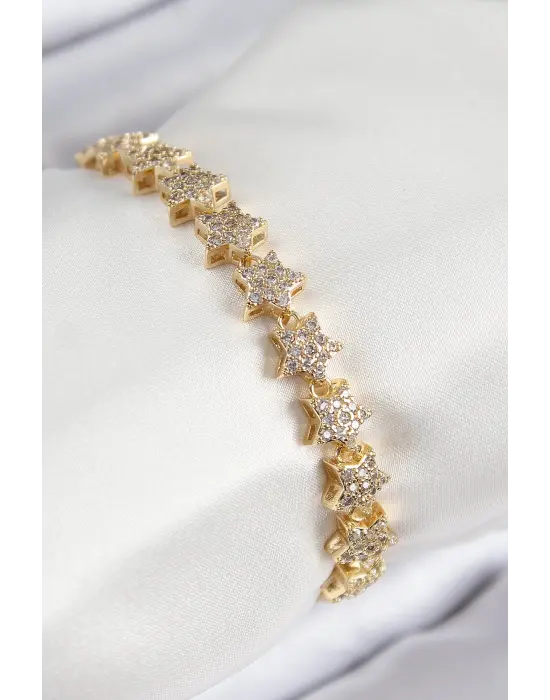 VIP Seri Pirinç Zirkon Taşlı Sıralı Yıldız Model Gold Renk Kadın Bileklik