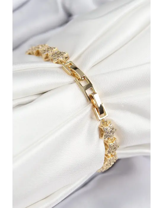 VIP Seri Pirinç Zirkon Taşlı Sıralı Yıldız Model Gold Renk Kadın Bileklik