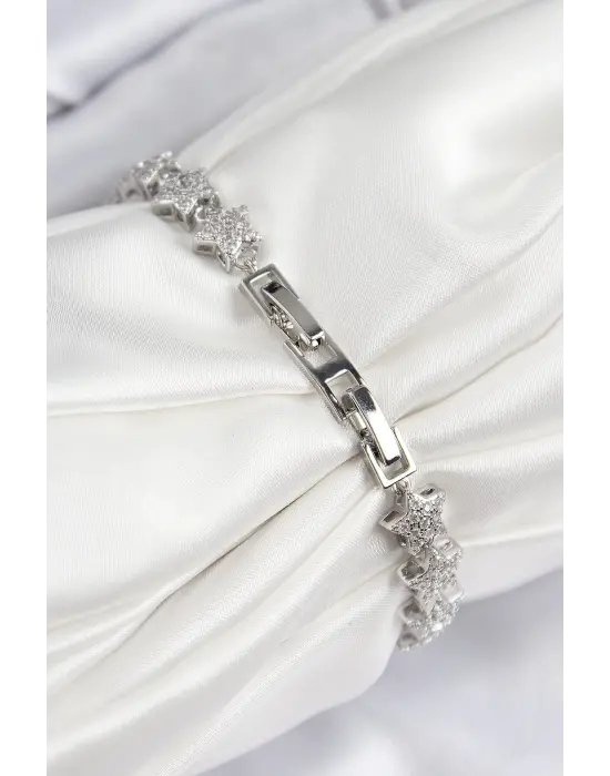 VIP Seri Pirinç Zirkon Taşlı Sıralı Yıldız Model Gümüş Renk Kadın Bileklik