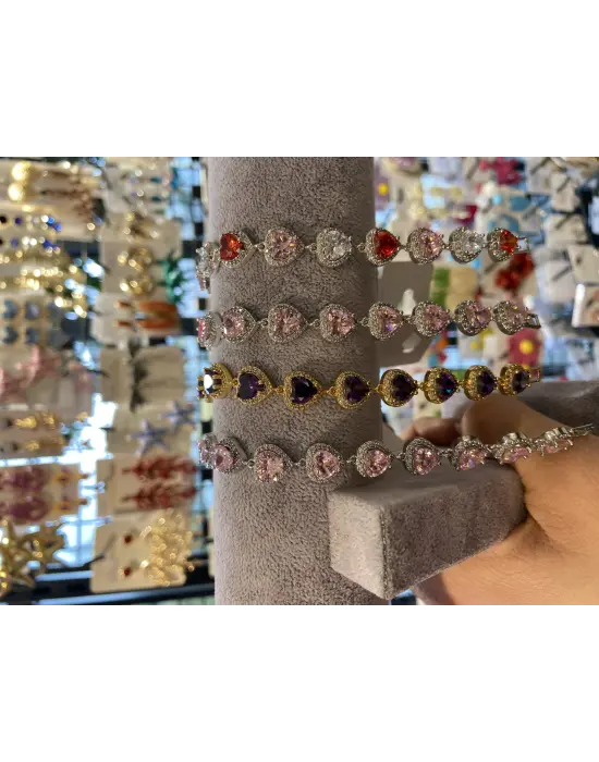 VIP Seri Zirkon Taşlı Kalp Bileklik (Pembe – Mor – Beyaz)