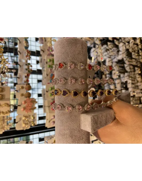 VIP Seri Zirkon Taşlı Kalp Bileklik (Pembe – Mor – Beyaz)