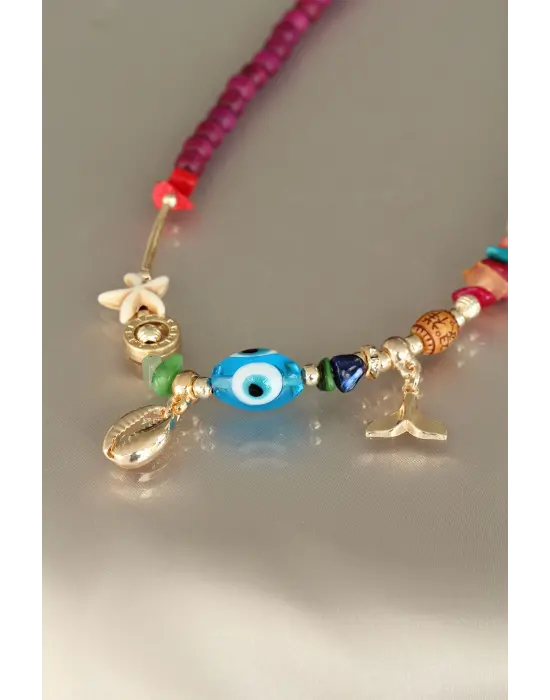 Vişne Rengi Deniz Kabuğu Tasarımlı Tahta Boncuklu Kolye