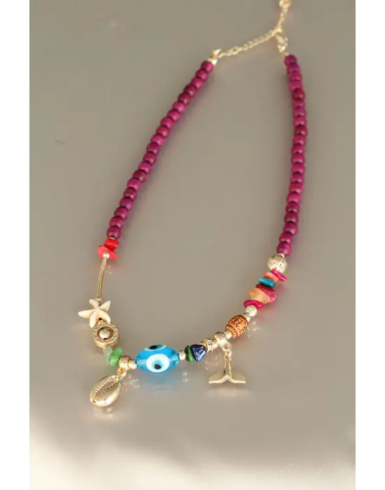 Vişne Rengi Deniz Kabuğu Tasarımlı Tahta Boncuklu Kolye