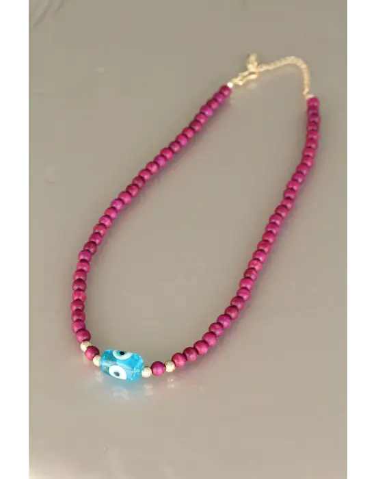 Vişne Rengi Tahta Boncuklu Kadın Kolye