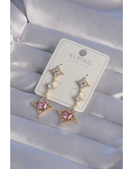 XUPİNG Altın Pembe Zirkon Taşlı Yıldız Model Küpe