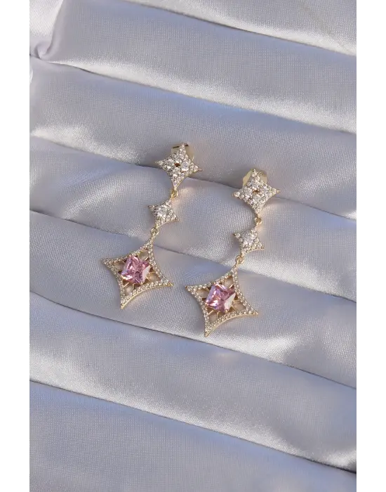 XUPİNG Altın Pembe Zirkon Taşlı Yıldız Model Küpe
