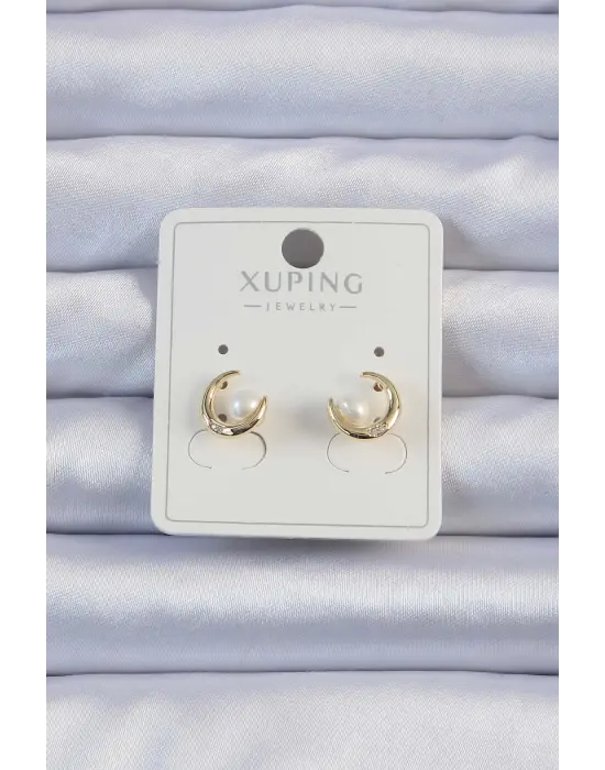Xuping Altın Zirkon Taşlı İncili Ay Küpe