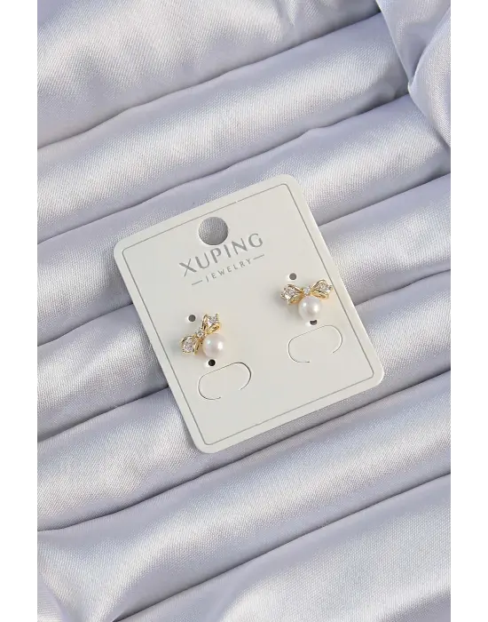 Xuping Altın Zirkon Taşlı İncili Fiyonk Küpe