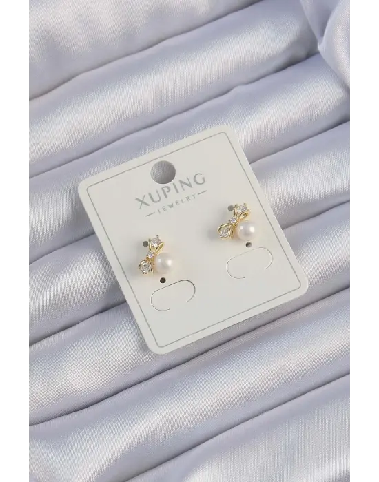 Xuping Altın Zirkon Taşlı İncili Fiyonk Küpe