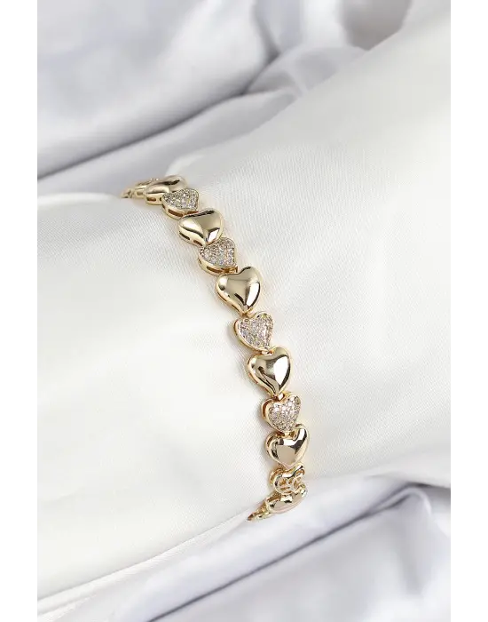 Xuping Pirinç Sıralı Kalp Model Gold Renk Kadın Bileklik