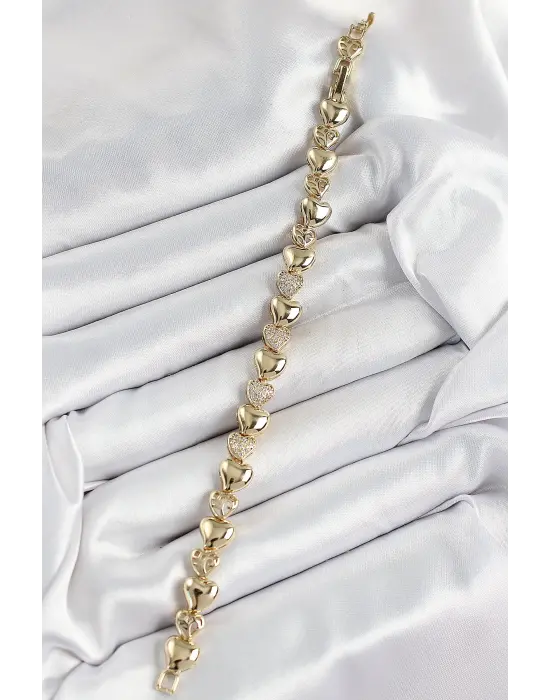 Xuping Pirinç Sıralı Kalp Model Gold Renk Kadın Bileklik