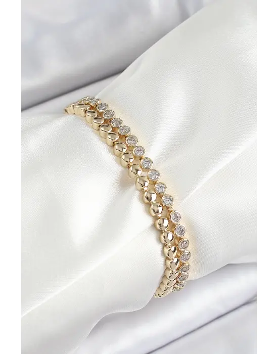 Xuping Pirinç Zirkon Taşlı Çift Görünümlü Model Gold Renk Kadın Bileklik