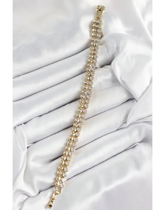 Xuping Pirinç Zirkon Taşlı Çift Görünümlü Model Gold Renk Kadın Bileklik