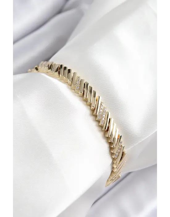 Xuping Pirinç Zirkon Taşlı Eğimli Blok Model Gold Renk Kadın Bileklik