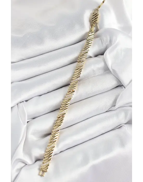 Xuping Pirinç Zirkon Taşlı Eğimli Blok Model Gold Renk Kadın Bileklik