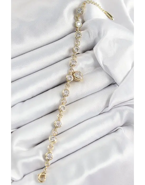 Xuping Pirinç Zirkon Taşlı Sallantılı Kalp Model Gold Renk Kadın Bileklik