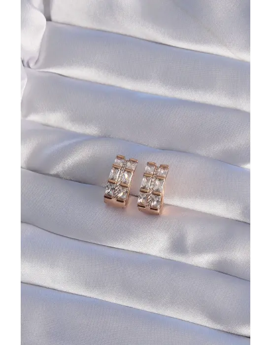 XUPİNG Rose Renk Baget Taşlı Desenli Halka Küpe