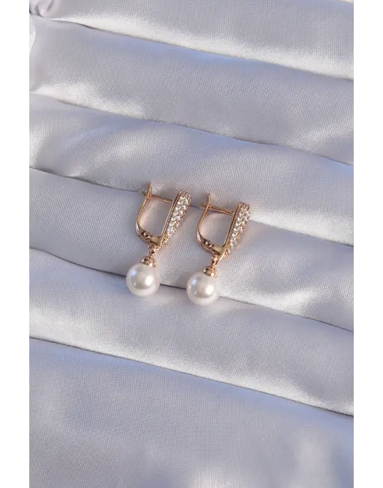 XUPİNG Rose Renk İnci Taşlı Yarım Halka Sallantılı Küpe