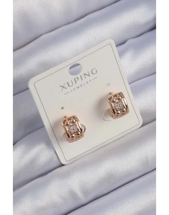 Xuping Rose Renk Zirkon Taşlı Geometrik Desenli Halka Küpe