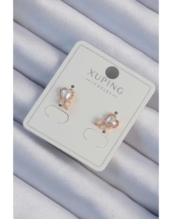 Xuping Rose Renk Zirkon Taşlı İncili Çiçek Görünümlü Kalp Küpe