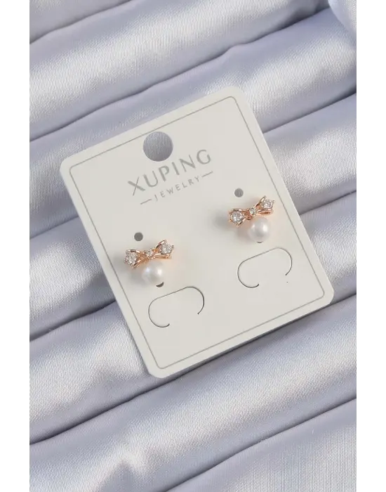 Xuping Rose Renk Zirkon Taşlı İncili Fiyonk Küpe