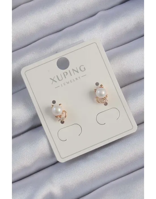 Xuping Rose Renk Zirkon Taşlı İncili Kedi Küpe