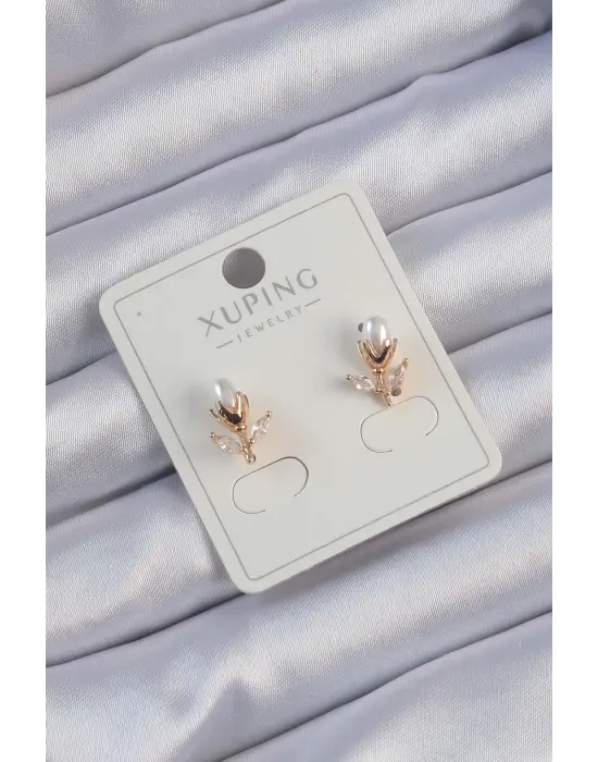 Xuping Rose Renk Zirkon Taşlı İncili Lale Çiçeği Küpe