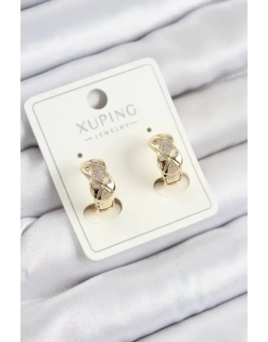 Xuping Zirkon Taşlı Geometrik Desenli Halka Model Gold Renk Kadın Küpe