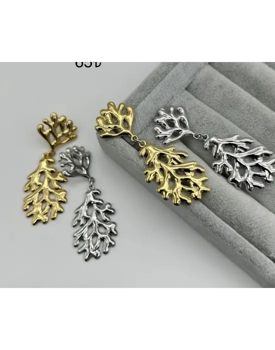 Yaprak Desenli 2 Parça Sallantılı Ağaç Model Çelik Küpe