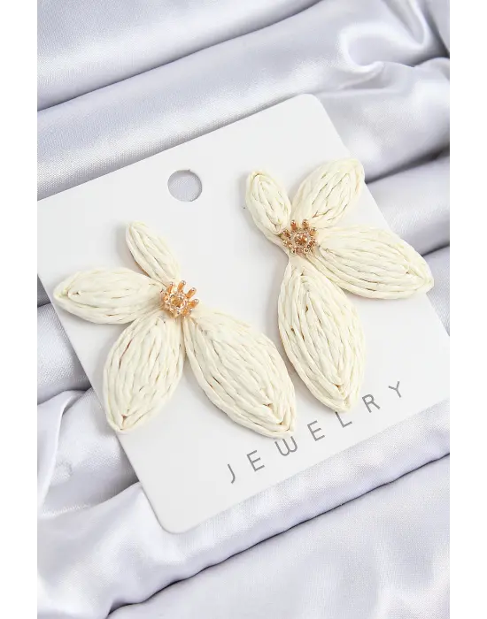 Yarım Çiçek Model Krem Renk Kadın Hasır Küpe