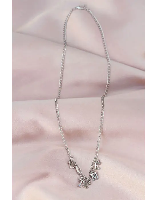 Yeni Sezon Biteme Yazılı Gümüş Renk Sallantılı Kadın Kolye